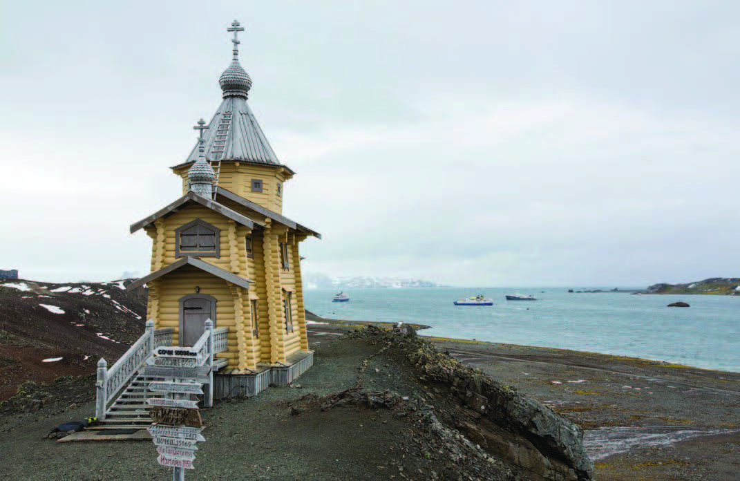 Russian orthodox chapel at Russia’s Antarctic research station Bellingshausen Station, on King George Island, South Shetland Islands, Antarctica, February 9, 2019 (Alamy/Ashley Cooper)